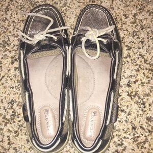 Silver Sperry boat shoes.